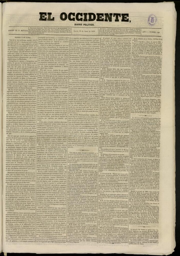 Miniatura de El Occidente: diario político del 14 de junio de 1855, nº 132