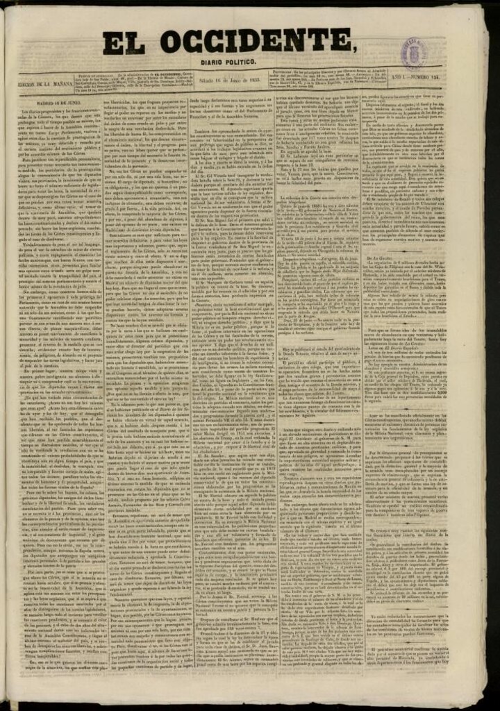 Miniatura de El Occidente: diario político del 16 de junio de 1855, nº 134