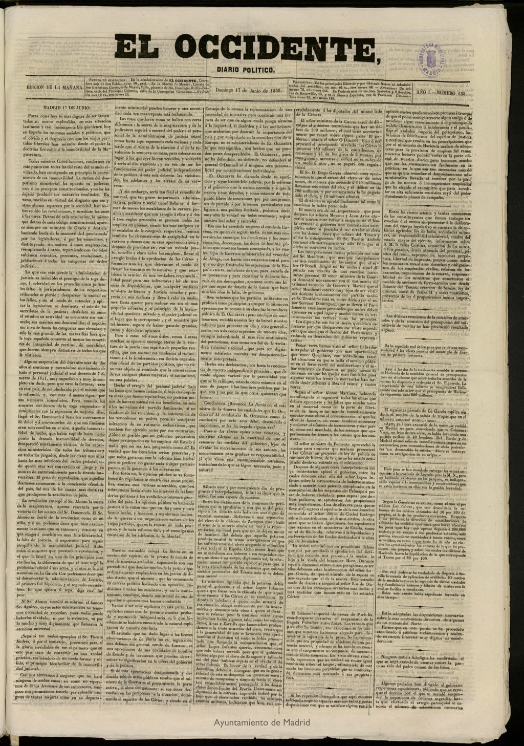 Miniatura de El Occidente: diario político del 17 de junio de 1855, nº 135