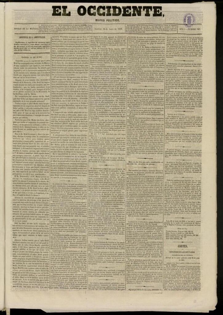 Miniatura de El Occidente: diario político del 24 de junio de 1855, nº 141