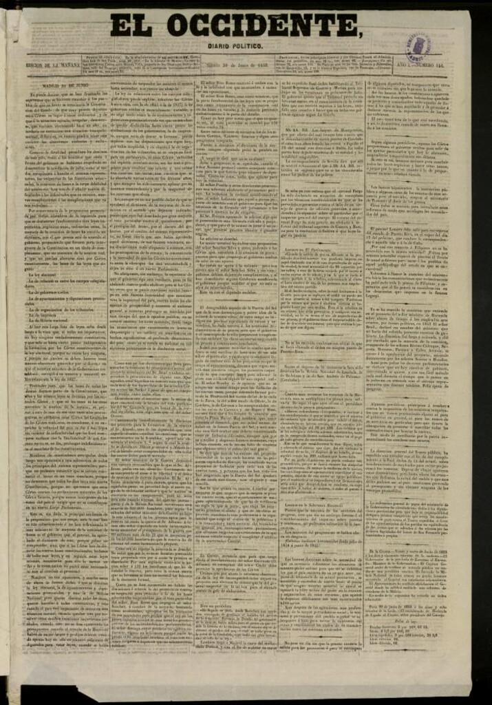 Miniatura de El Occidente: diario político del 30 de junio de 1855, nº 146