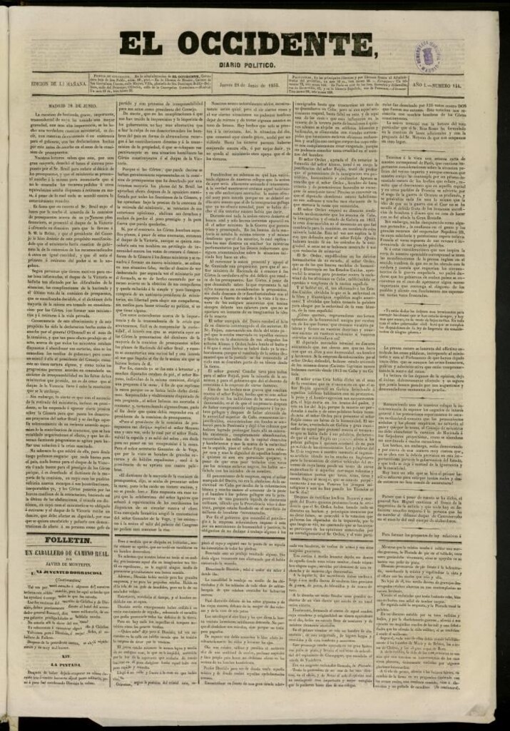 Miniatura de El Occidente: diario político del 28 de junio de 1855, nº 144