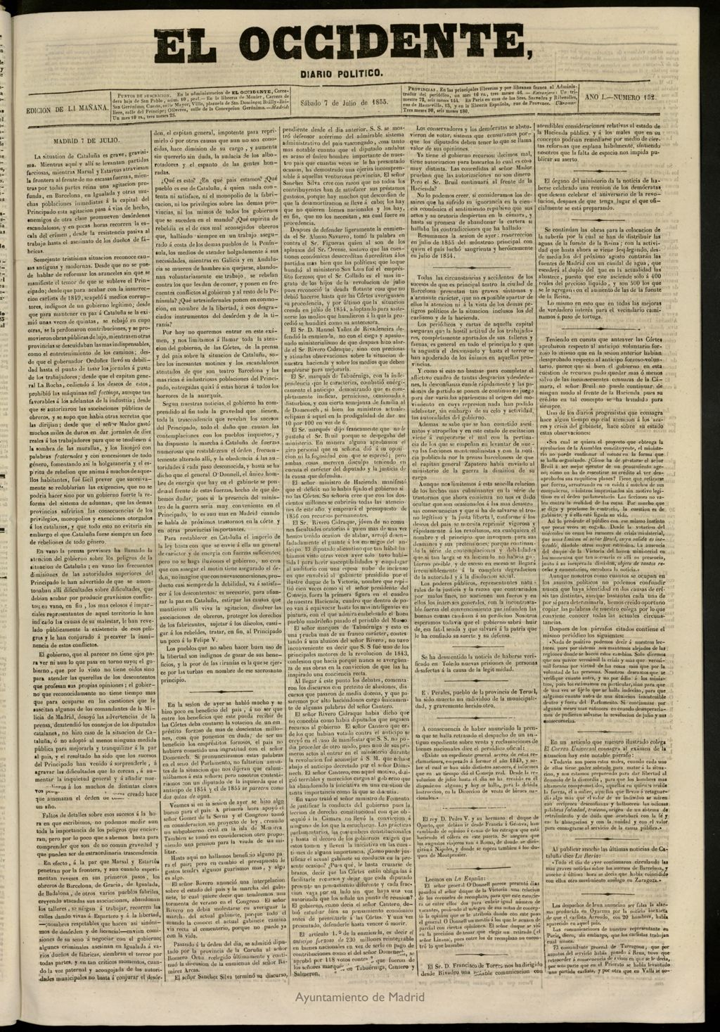 Miniatura de El Occidente: diario político del 7 de julio de 1855, nº 152