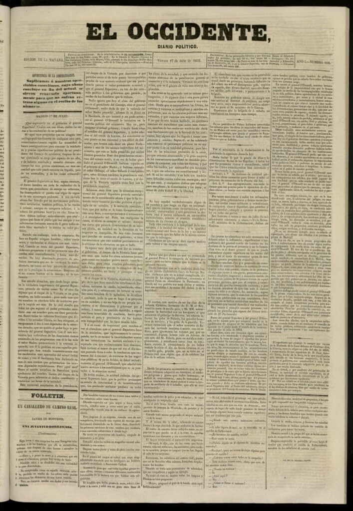 Miniatura de El Occidente: diario político del 27 de julio de 1855, nº 168
