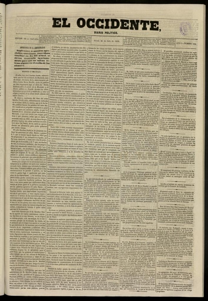 Miniatura de El Occidente: diario político del 28 de julio de 1855, nº 169