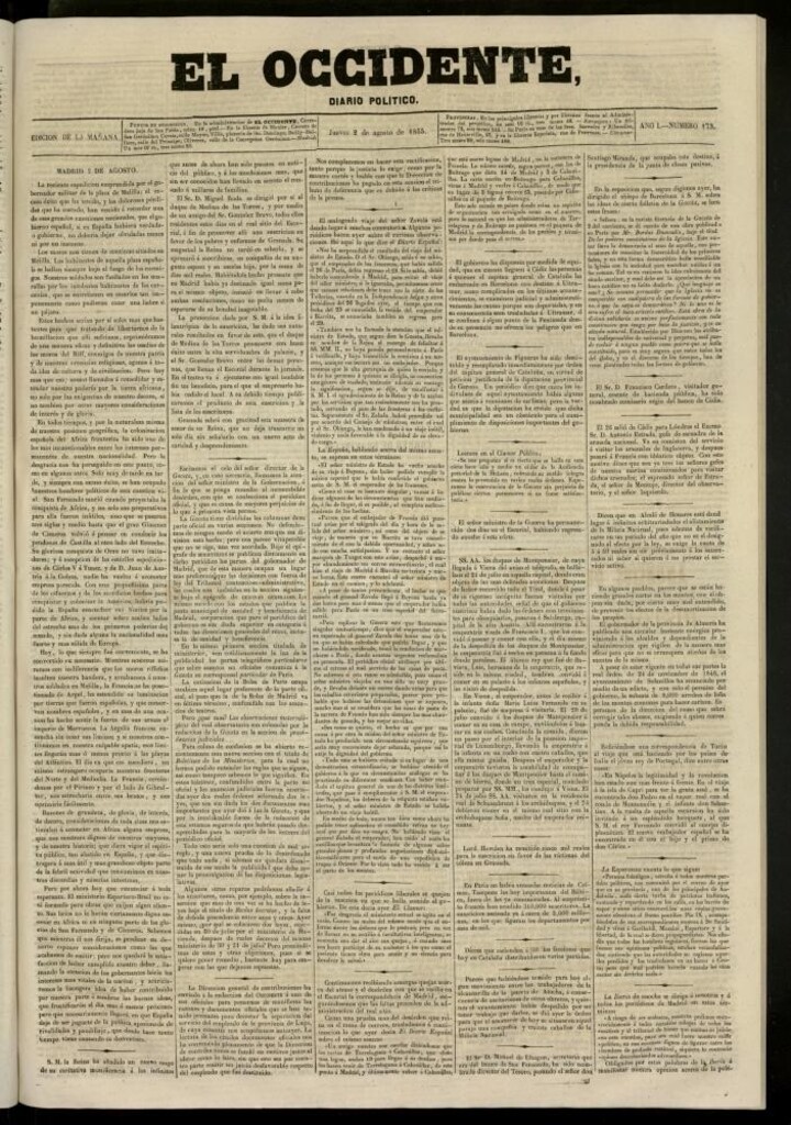Miniatura de El Occidente: diario político del 2 de agosto de 1855, nº 173