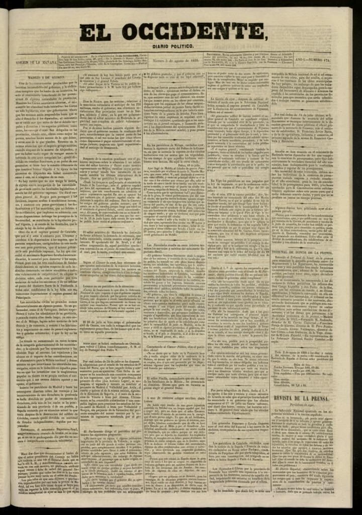 Miniatura de El Occidente: diario político del 3 de agosto de 1855, nº 174