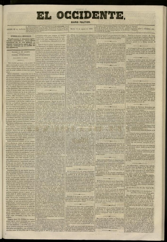 Miniatura de El Occidente: diario político del 14 de agosto de 1855, nº 184
