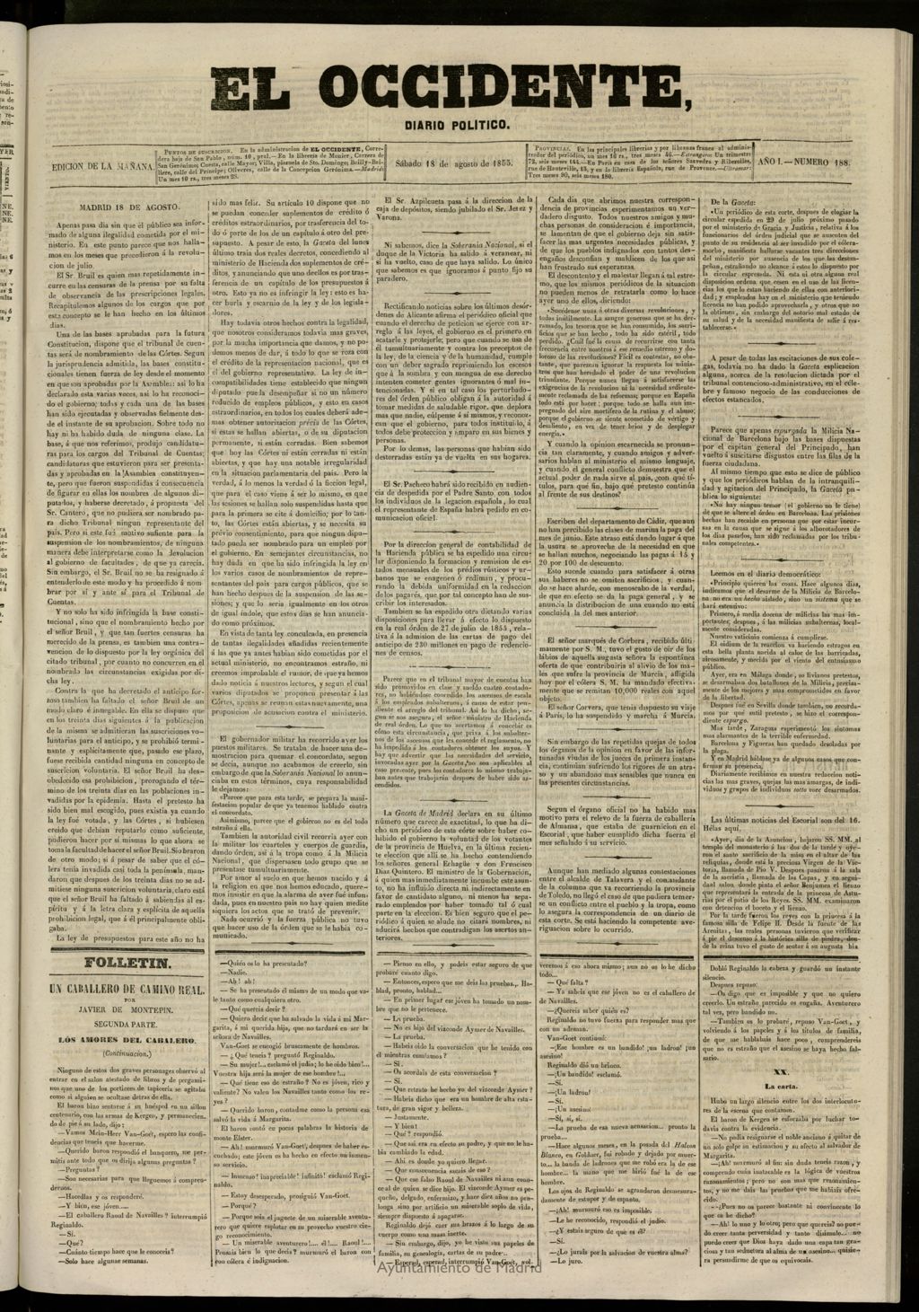 Miniatura de El Occidente: diario político del 18 de agosto de 1855, nº 188