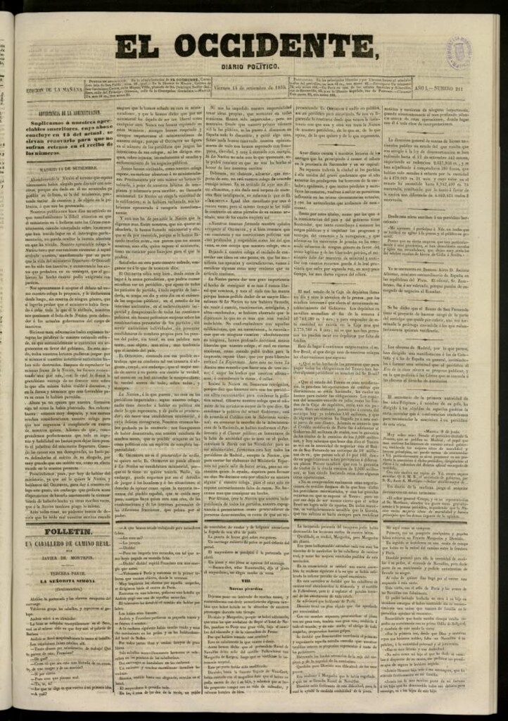 Miniatura de El Occidente: diario político del 14 de septiembre de 1855, nº 211