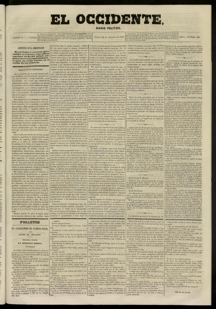 Miniatura de El Occidente: diario político del 28 de septiembre de 1855, nº 223