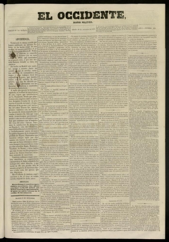 Miniatura de El Occidente: diario político del 29 de septiembre de 1855, nº 224