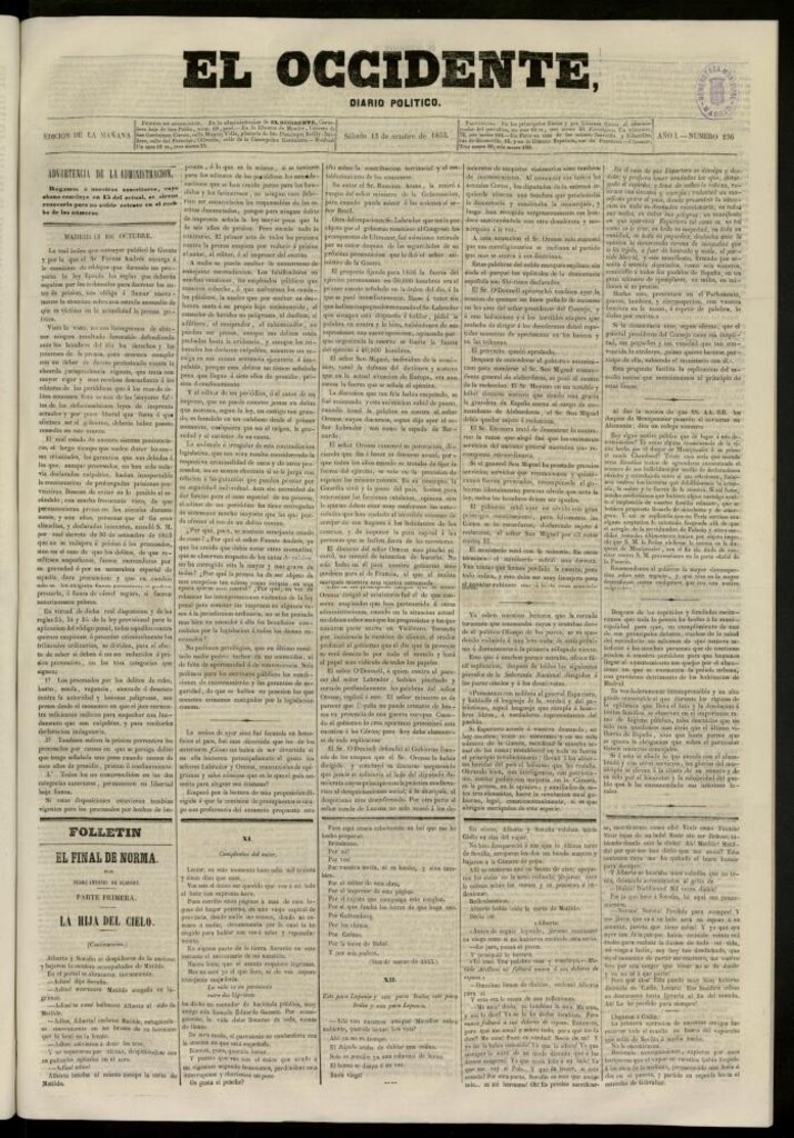 Miniatura de El Occidente: diario político del 13 de octubre de 1855, nº 236