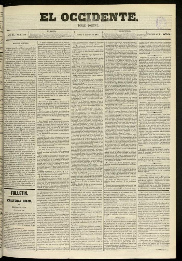 Miniatura de El Occidente: diario político del 9 de enero de 1857, nº 622