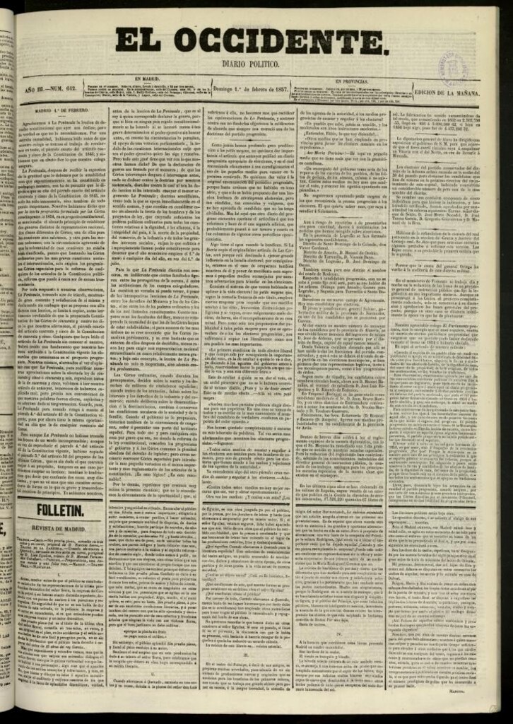Miniatura de El Occidente: diario político del 1 de febrero de 1857, nº 642