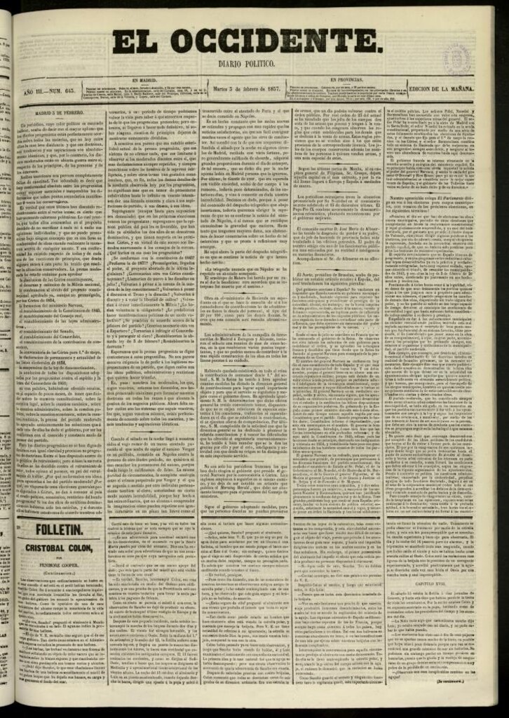 Miniatura de El Occidente: diario político del 3 de febrero de 1857, nº 643