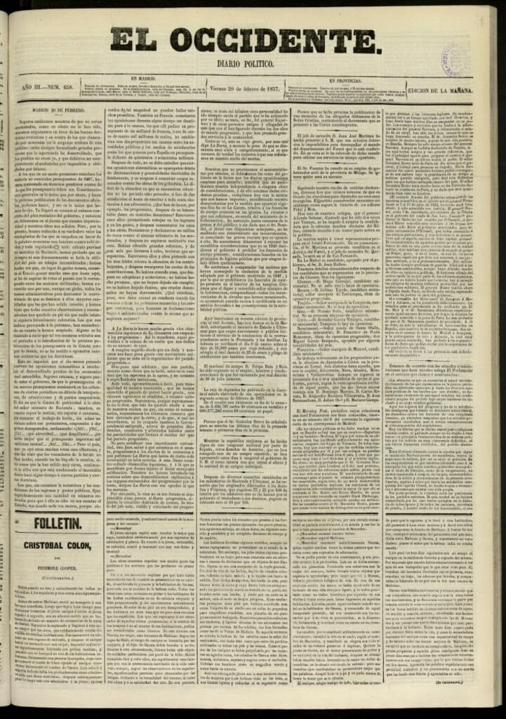Miniatura de El Occidente: diario político del 20 de febrero de 1857, nº 658
