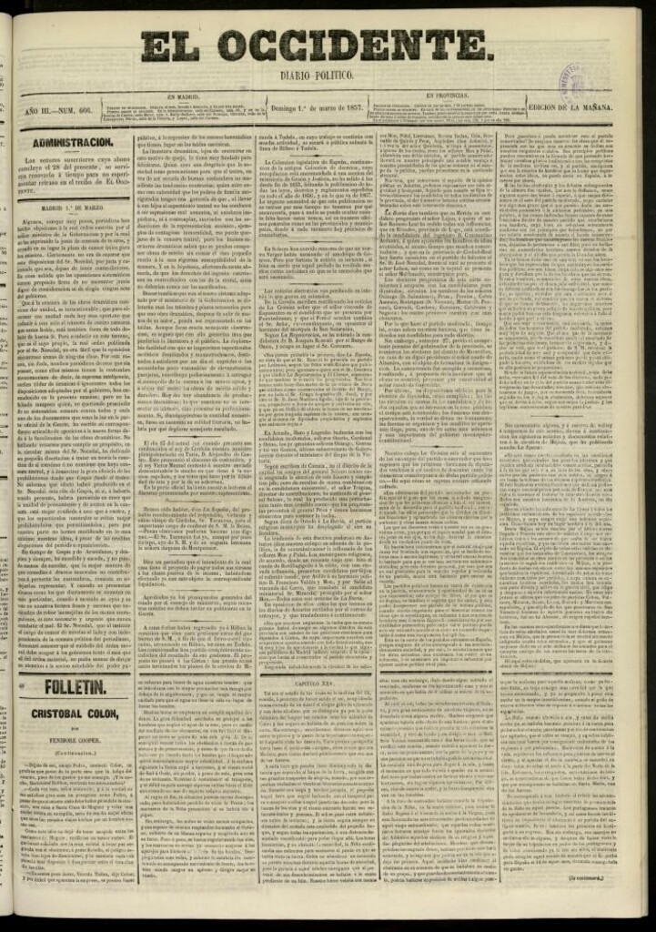 Miniatura de El Occidente: diario político del 1 de marzo de 1857, nº 666