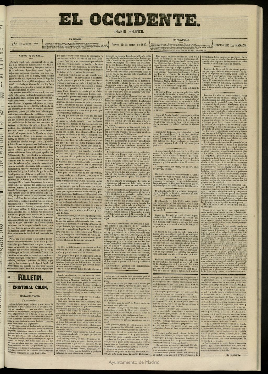 Miniatura de El Occidente: diario político del 12 de marzo de 1857, nº 675