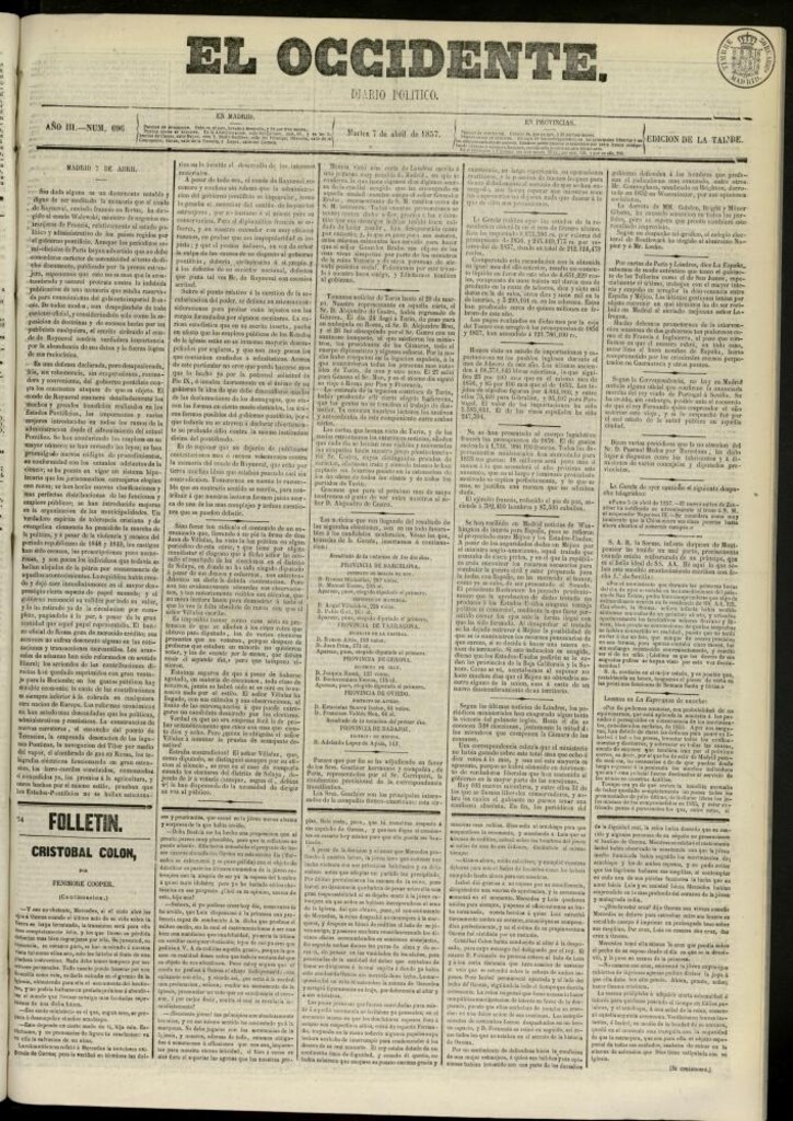 Miniatura de El Occidente: diario político del 7 de abril de 1857, nº 696