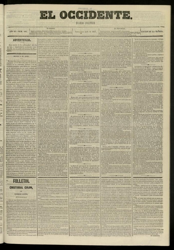 Miniatura de El Occidente: diario político del 9 de abril de 1857, nº 698