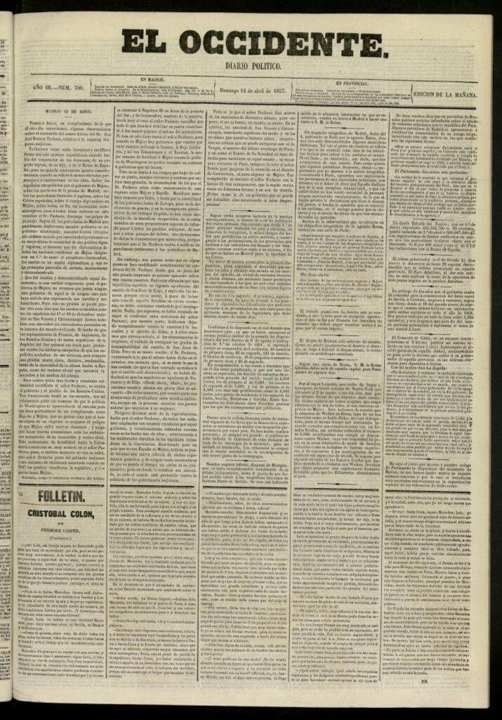 Miniatura de El Occidente: diario político del 12 de abril de 1857, nº 700