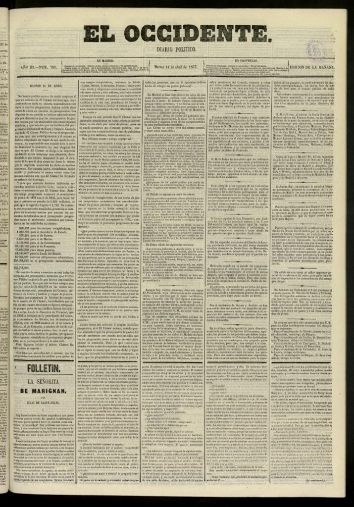 Miniatura de El Occidente: diario político del 14 de abril de 1857, nº 701