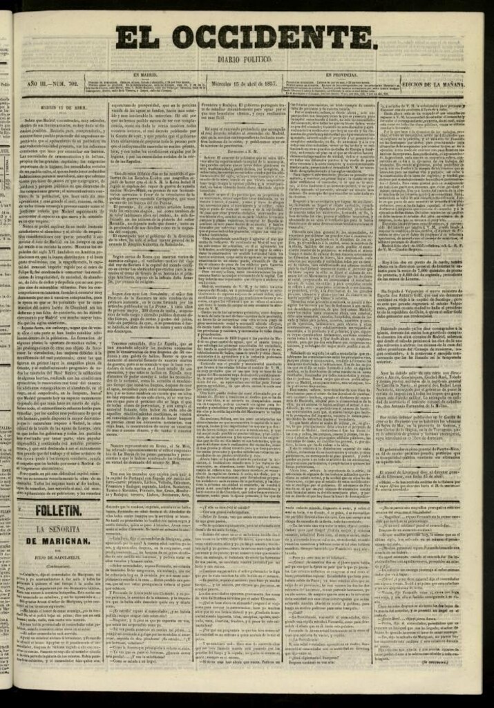 Miniatura de El Occidente: diario político del 15 de abril de 1857, nº 702