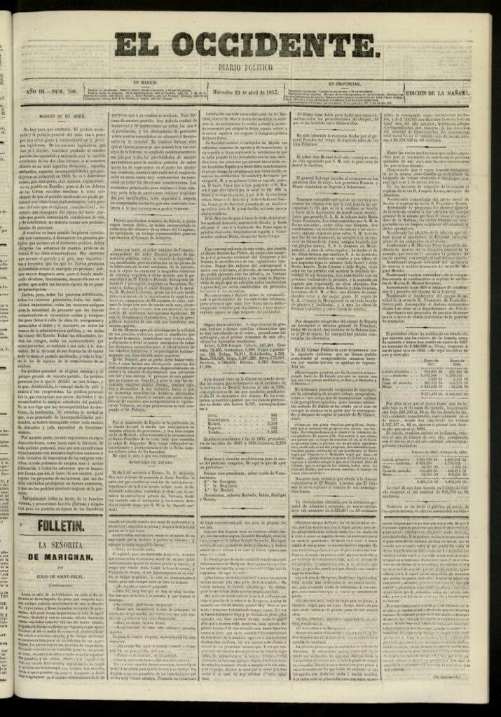 Miniatura de El Occidente: diario político del 22 de abril de 1857, nº 708
