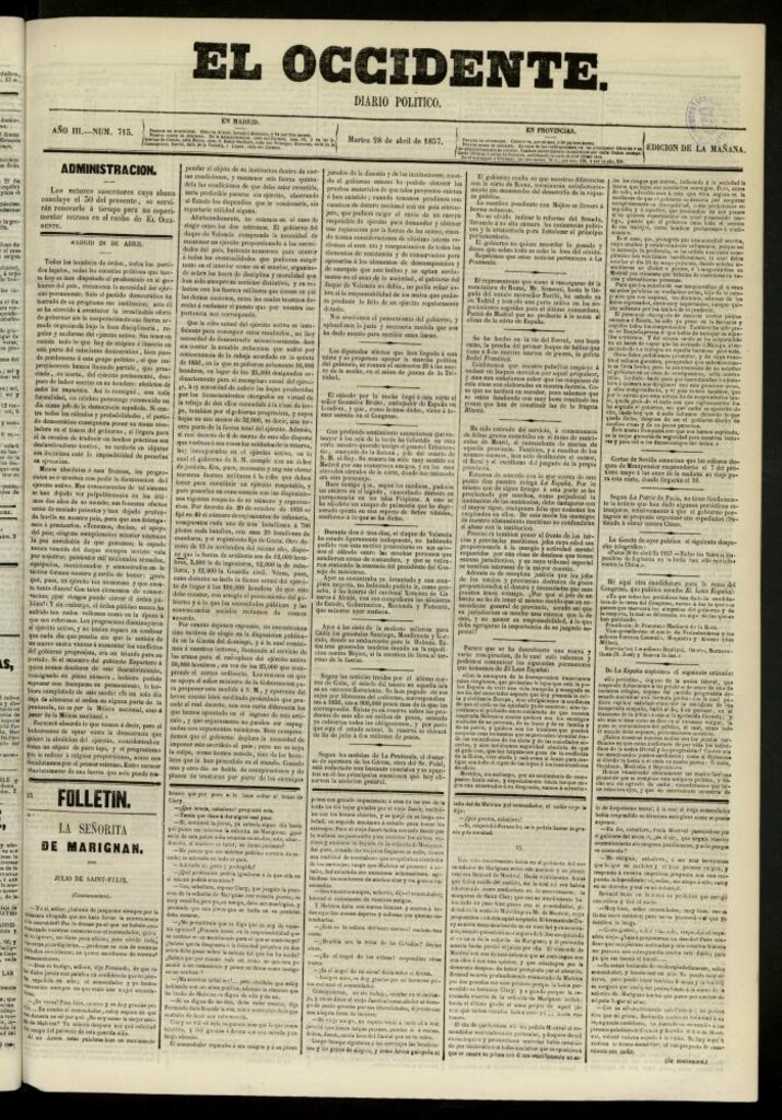 Miniatura de El Occidente: diario político del 28 de abril de 1857, nº 713