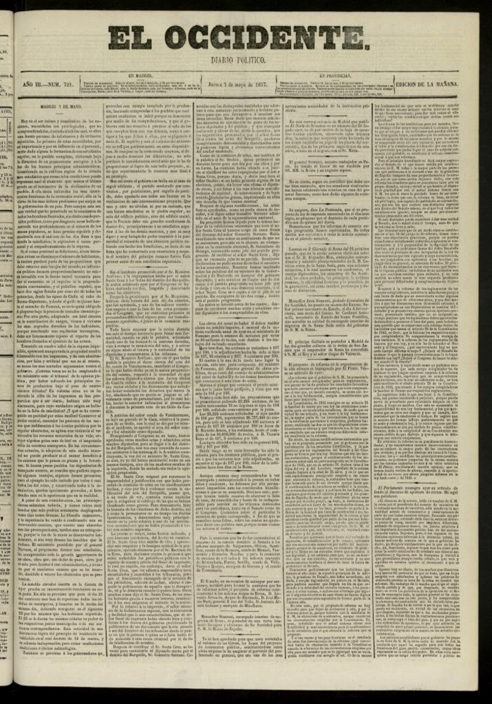 Miniatura de El Occidente: diario político del 7 de mayo de 1857, nº 721
