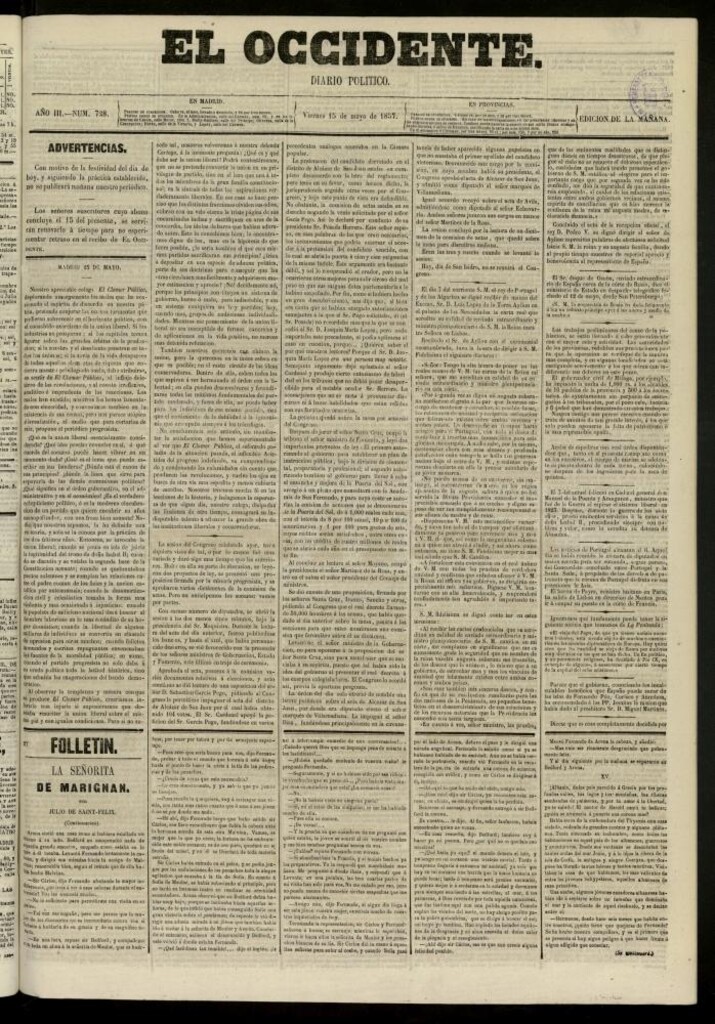 Miniatura de El Occidente: diario político del 15 de mayo de 1857, nº 728