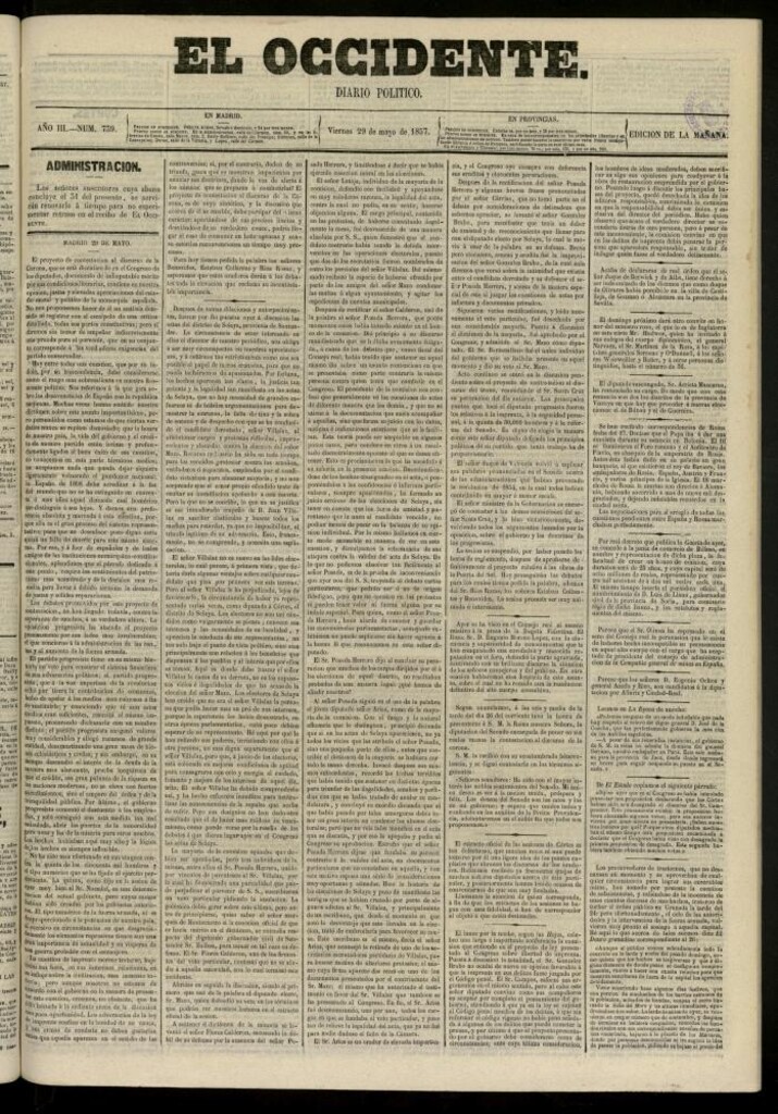 Miniatura de El Occidente: diario político del 29 de mayo de 1857, nº 739
