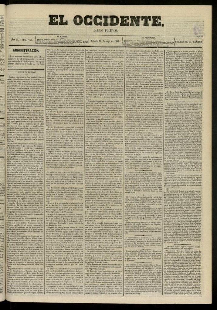 Miniatura de El Occidente: diario político del 30 de mayo de 1857, nº 740