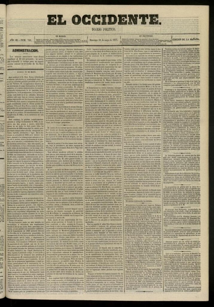 Miniatura de El Occidente: diario político del 31 de mayo de 1857, nº 741