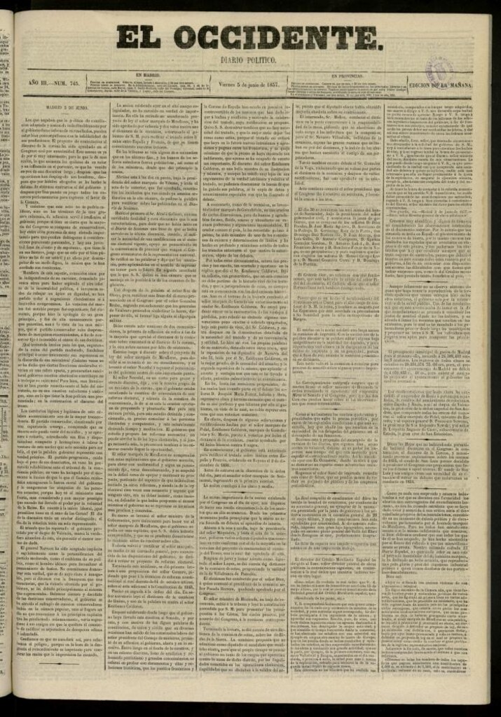 Miniatura de El Occidente: diario político del 5 de junio de 1857, nº 745