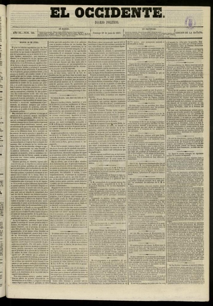 Miniatura de El Occidente: diario político del 28 de junio de 1857, nº 766