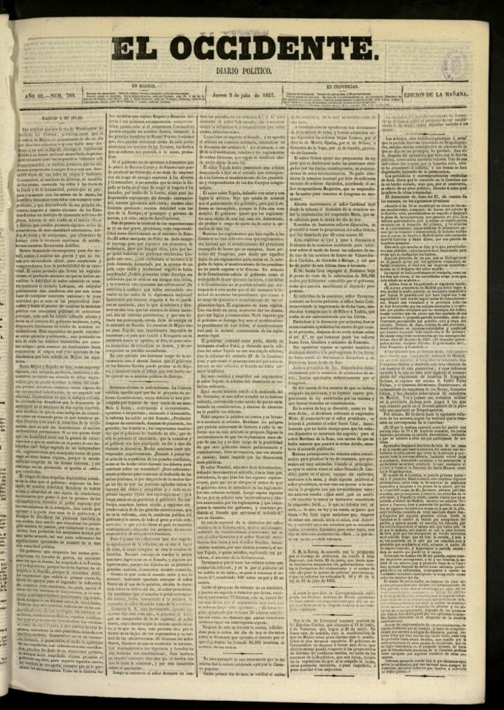 Miniatura de El Occidente: diario político del 2 de julio de 1857, nº 769