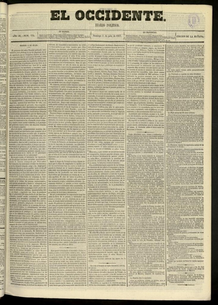 Miniatura de El Occidente: diario político del 5 de julio de 1857, nº 772