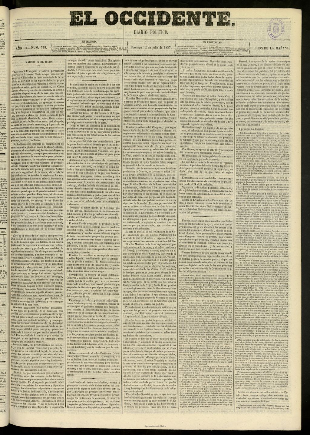 Miniatura de El Occidente: diario político del 12 de julio de 1857, nº 778