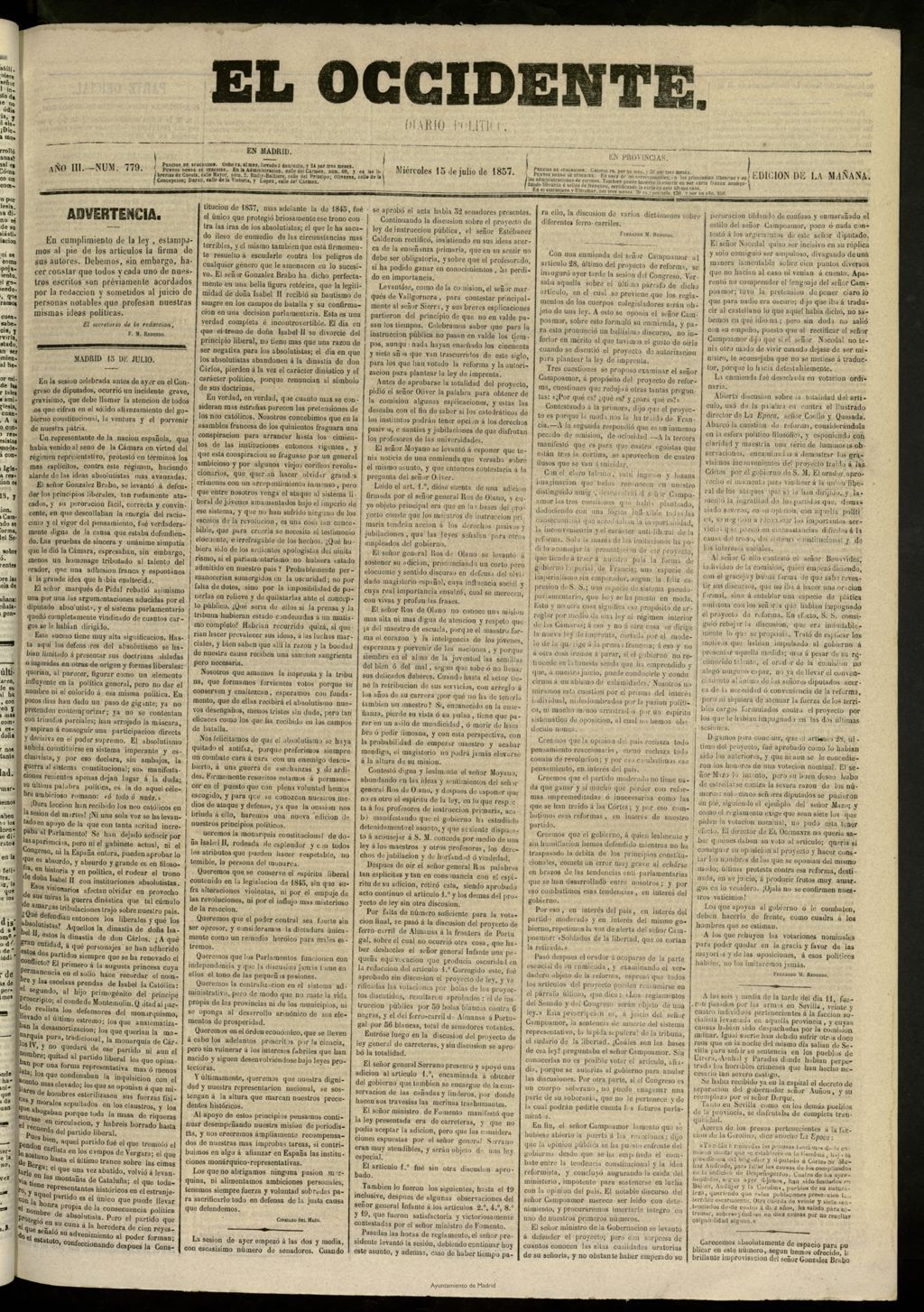 Miniatura de El Occidente: diario político del 15 de julio de 1857, nº 780