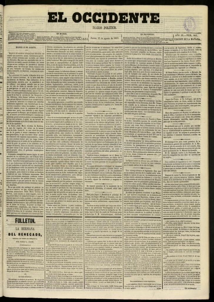Miniatura de El Occidente: diario político del 13 de agosto de 1857, nº 803