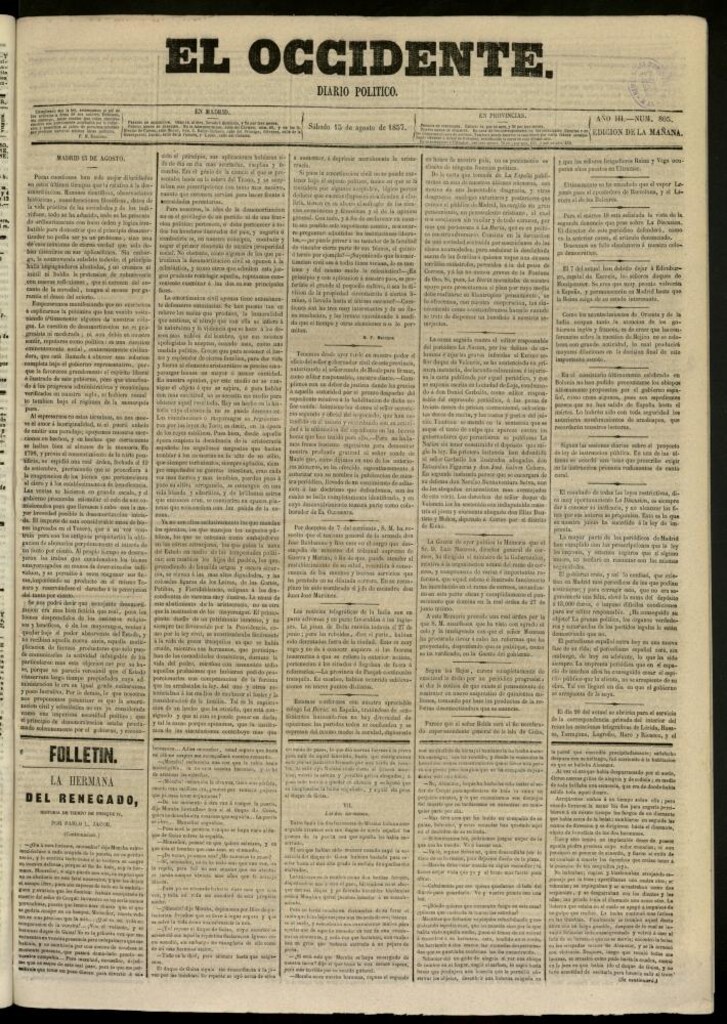 Miniatura de El Occidente: diario político del 15 de agosto de 1857, nº 805