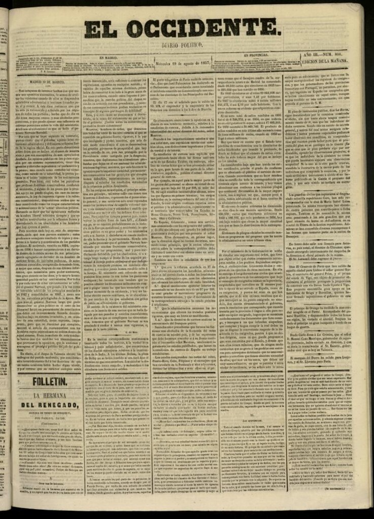 Miniatura de El Occidente: diario político del 19 de agosto de 1857, nº 808