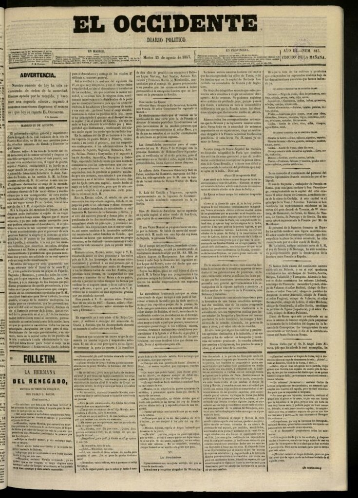 Miniatura de El Occidente: diario político del 25 de agosto de 1857, nº 813