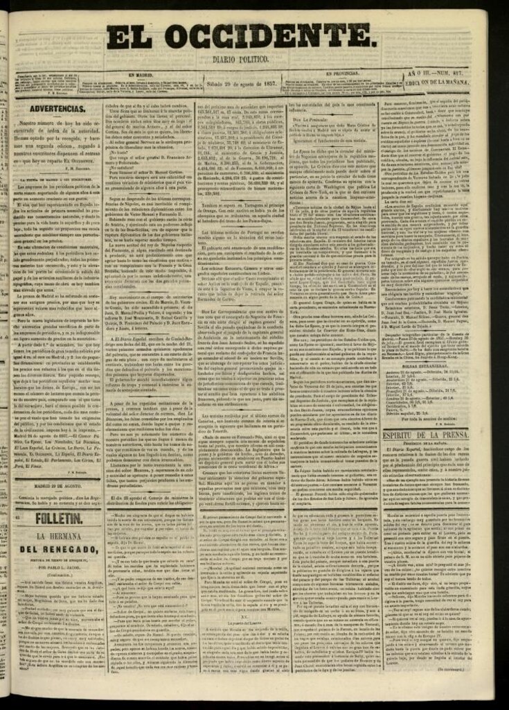 Miniatura de El Occidente: diario político del 29 de agosto de 1857, nº 817