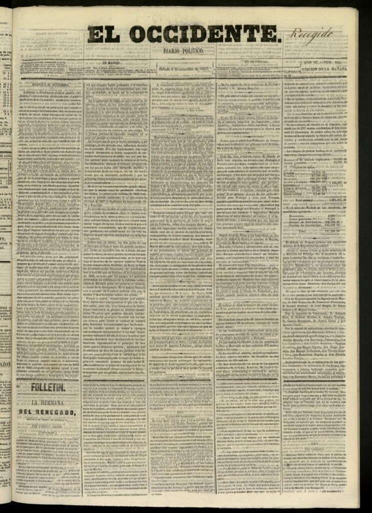 Miniatura de El Occidente: diario político del 5 de septiembre de 1857, nº 824. Recogido