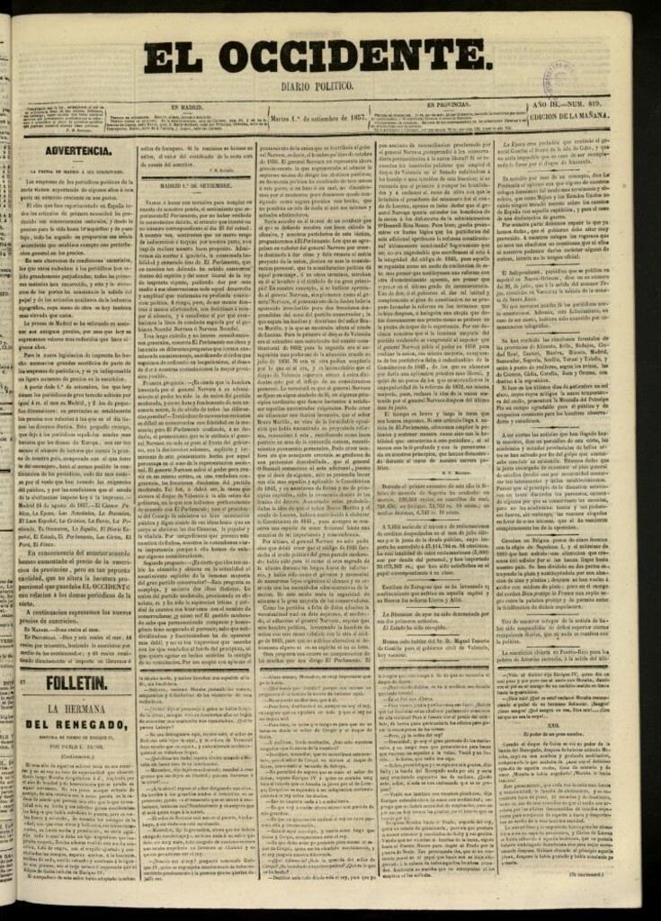 Miniatura de El Occidente: diario político del 1 de septiembre de 1857, nº 819