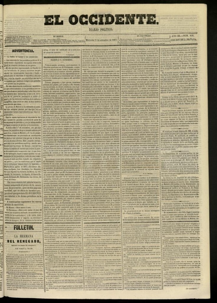Miniatura de El Occidente: diario político del 2 de septiembre de 1857, nº 820