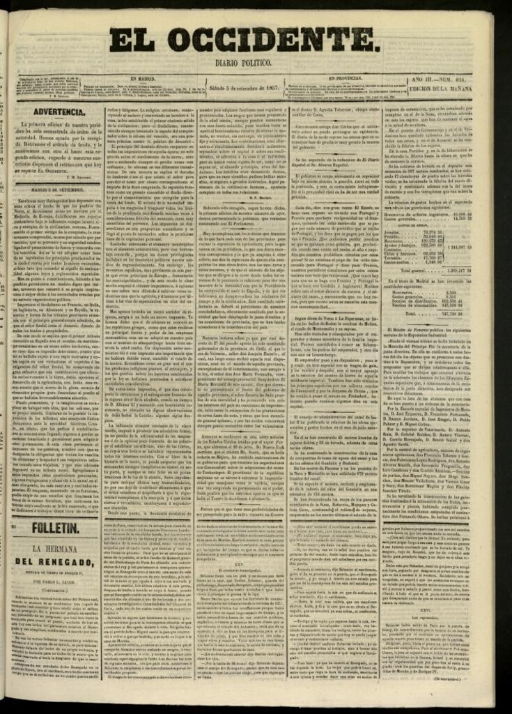 Miniatura de El Occidente: diario político del 5 de septiembre de 1857, nº 824